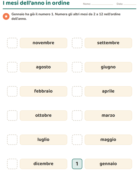 Anteprima della scheda di Giorni e mesi per Scuola primaria classe prima