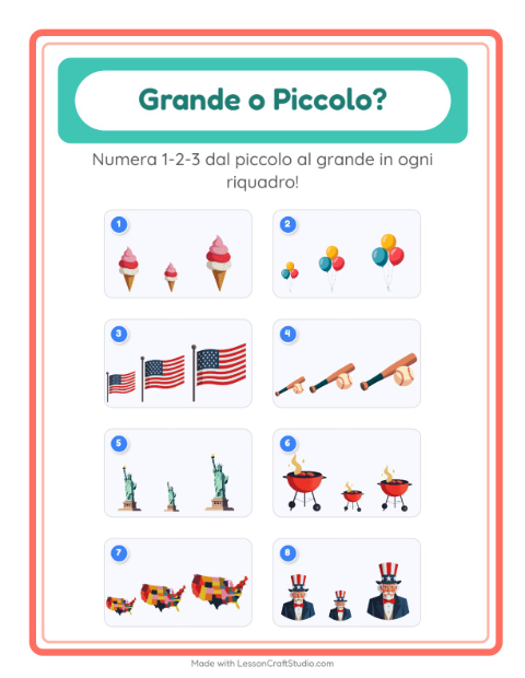 Anteprima della scheda di Grande O Piccolo con 4 luglio per Scuola dell'infanzia (3-5 anni)