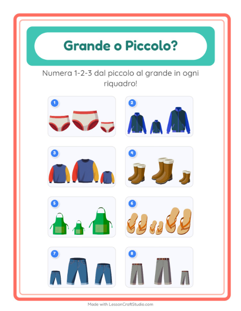 Anteprima della scheda di Grande O Piccolo con Abbigliamento per Scuola dell'infanzia (3-5 anni)