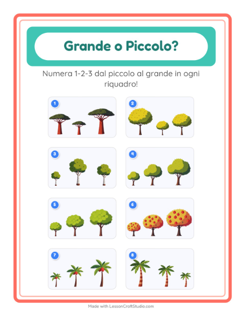 Anteprima della scheda di Grande O Piccolo con Alberi per Scuola dell'infanzia (3-5 anni)