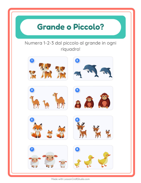 Anteprima della scheda di Grande O Piccolo con Animali per Scuola dell'infanzia (3-5 anni)