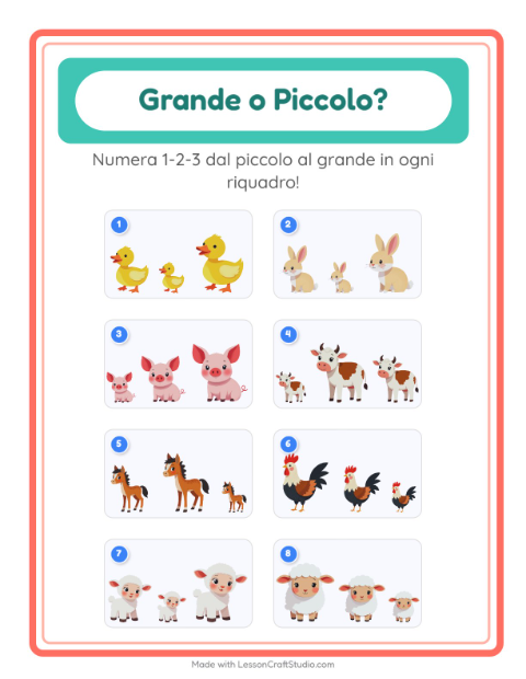 Anteprima della scheda di Grande O Piccolo con Animali della fattoria per Scuola dell'infanzia (3-5 anni)