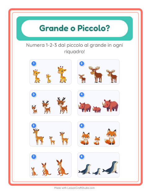 Anteprima della scheda di Grande O Piccolo con Animali dello zoo per Scuola dell'infanzia (3-5 anni)