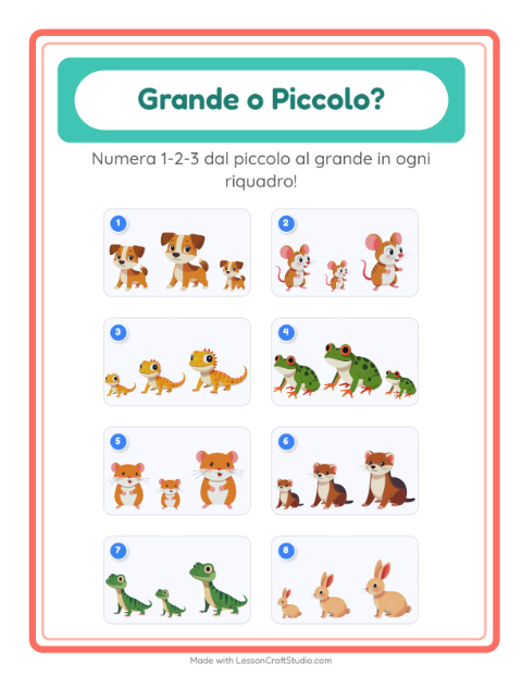 Anteprima della scheda di Grande O Piccolo con Animali domestici per Scuola dell'infanzia (3-5 anni)