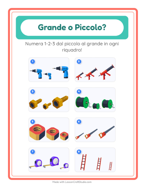 Anteprima della scheda di Grande O Piccolo con Attrezzi per Scuola dell'infanzia (3-5 anni)