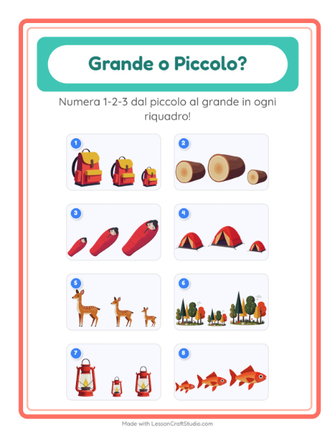 Anteprima della scheda di Grande O Piccolo con Campeggio per Scuola dell'infanzia (3-5 anni)