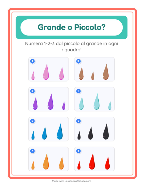 Anteprima della scheda di Grande O Piccolo con Colori per Scuola dell'infanzia (3-5 anni)
