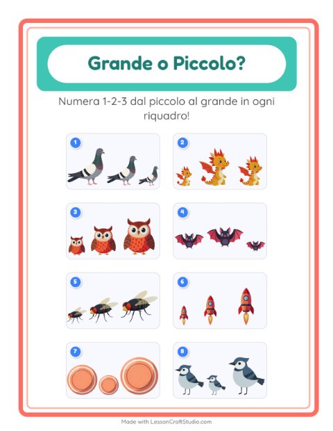Anteprima della scheda di Grande O Piccolo con Cose che volano per Scuola dell'infanzia (3-5 anni)