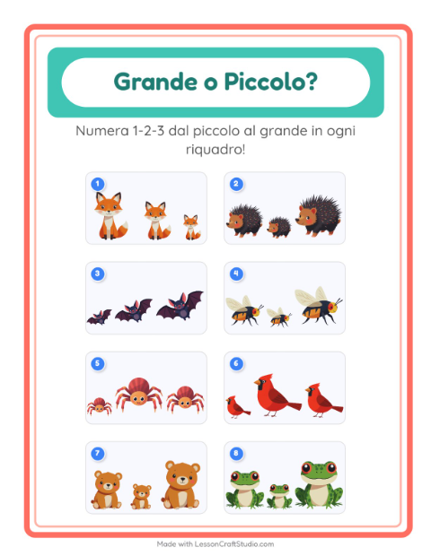 Anteprima della scheda di Grande O Piccolo con Creature della foresta per Scuola dell'infanzia (3-5 anni)