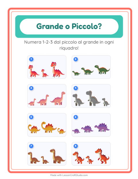 Anteprima della scheda di Grande O Piccolo con Dinosauri per Scuola dell'infanzia (3-5 anni)