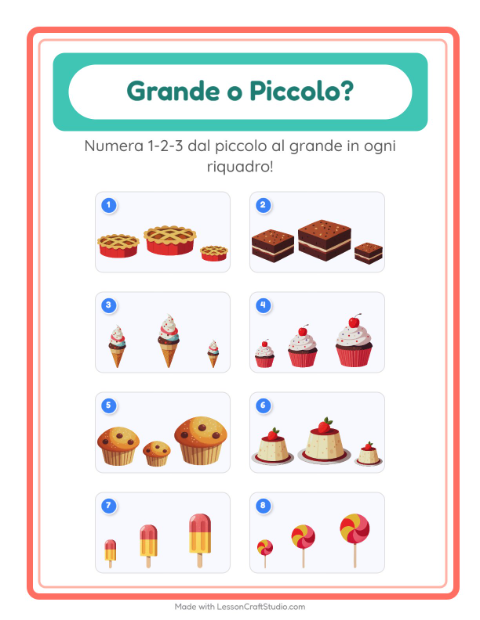 Anteprima della scheda di Grande O Piccolo con Dolci e dolciumi per Scuola dell'infanzia (3-5 anni)