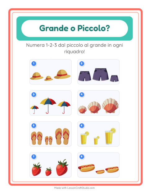 Anteprima della scheda di Grande O Piccolo con Estate per Scuola dell'infanzia (3-5 anni)