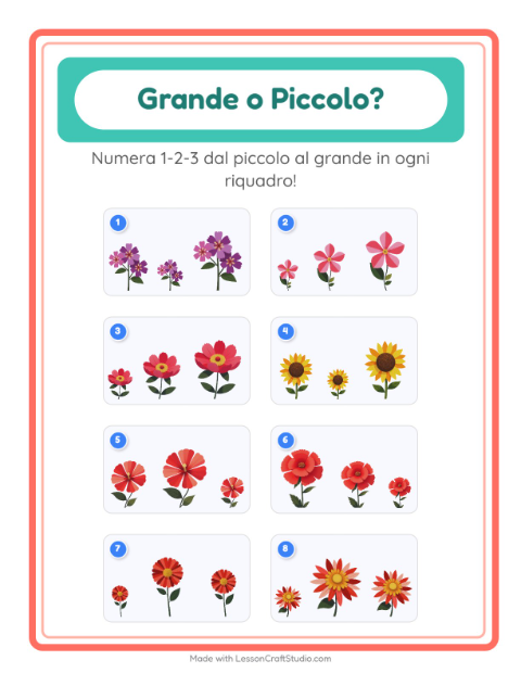 Anteprima della scheda di Grande O Piccolo con Fiori per Scuola dell'infanzia (3-5 anni)
