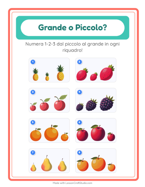 Anteprima della scheda di Grande O Piccolo con Frutta per Scuola dell'infanzia (3-5 anni)