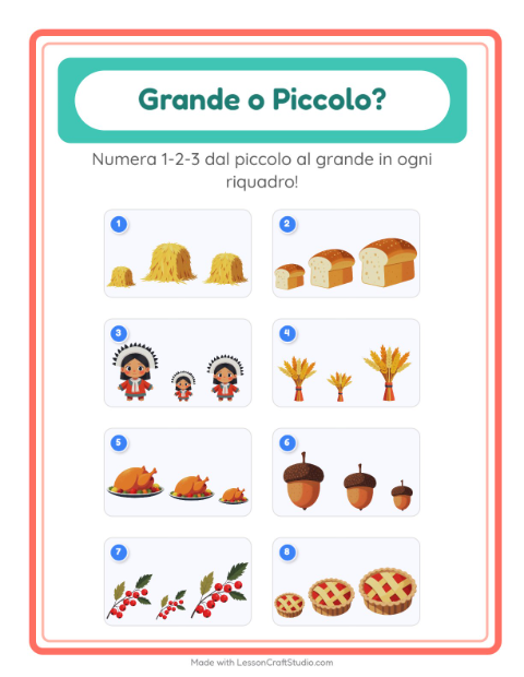 Anteprima della scheda di Grande O Piccolo con Giorno del Ringraziamento per Scuola dell'infanzia (3-5 anni)