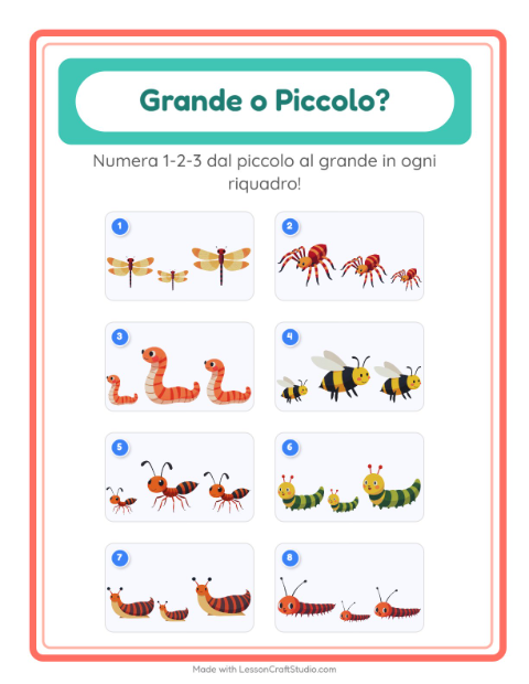 Anteprima della scheda di Grande O Piccolo con Insetti e scarafaggi per Scuola dell'infanzia (3-5 anni)