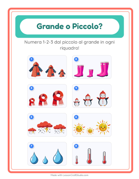 Anteprima della scheda di Grande O Piccolo con Meteo per Scuola dell'infanzia (3-5 anni)