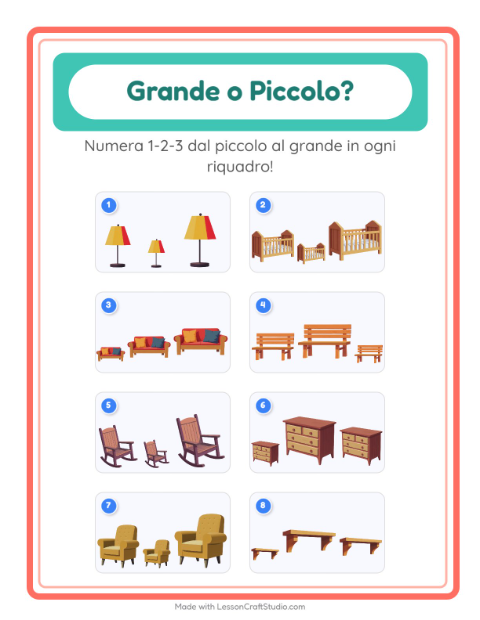 Anteprima della scheda di Grande O Piccolo con Mobili per Scuola dell'infanzia (3-5 anni)