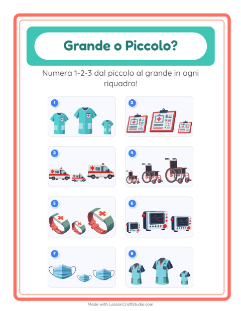 Anteprima della scheda di Grande O Piccolo con Ospedale per Scuola dell'infanzia (3-5 anni)
