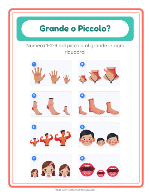Anteprima della scheda di Grande O Piccolo con Parti del corpo per Scuola dell'infanzia (3-5 anni)