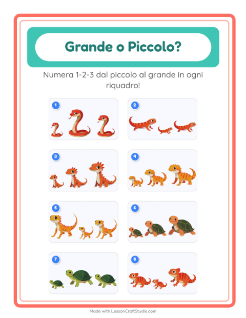 Anteprima della scheda di Grande O Piccolo con Rettili e anfibi per Scuola dell'infanzia (3-5 anni)