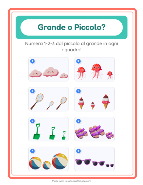 Anteprima della scheda di Grande O Piccolo con Spiaggia per Scuola dell'infanzia (3-5 anni)