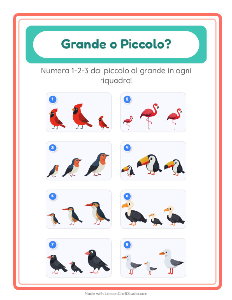 Anteprima della scheda di Grande O Piccolo con Uccelli 2 per Scuola dell'infanzia (3-5 anni)