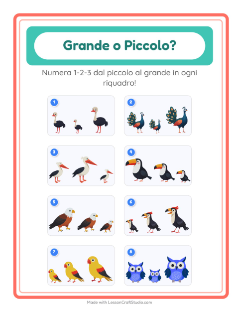 Anteprima della scheda di Grande O Piccolo con Uccelli per Scuola dell'infanzia (3-5 anni)