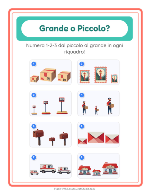 Anteprima della scheda di Grande O Piccolo con Ufficio postale per Scuola dell'infanzia (3-5 anni)