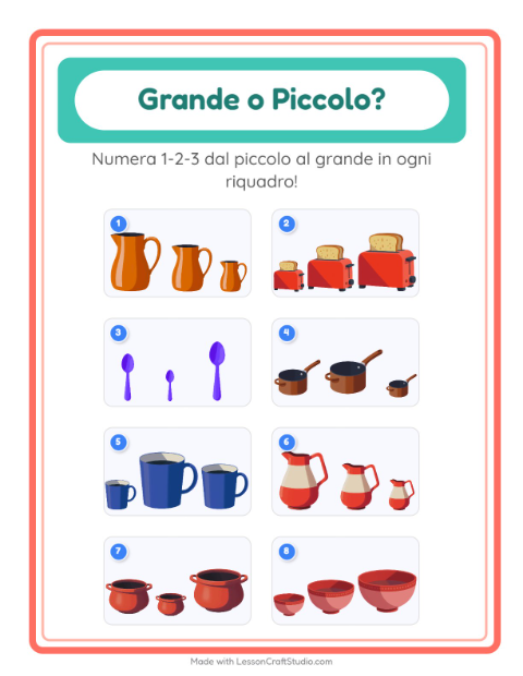 Anteprima della scheda di Grande O Piccolo con Utensili da cucina per Scuola dell'infanzia (3-5 anni)