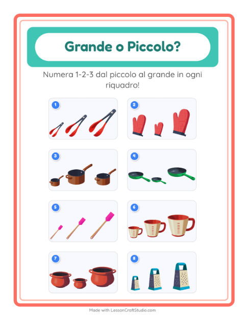 Anteprima della scheda di Grande O Piccolo con Utensili da cucina per Scuola dell'infanzia (3-5 anni)