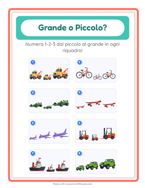 Anteprima della scheda di Grande O Piccolo con Veicoli per Scuola dell'infanzia (3-5 anni)