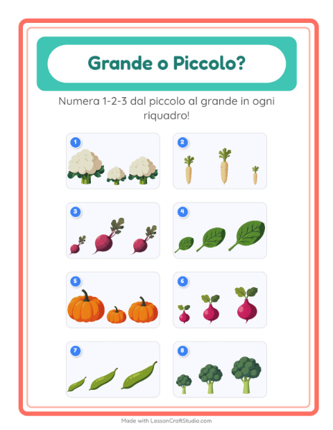 Anteprima della scheda di Grande O Piccolo con Verdure per Scuola dell'infanzia (3-5 anni)