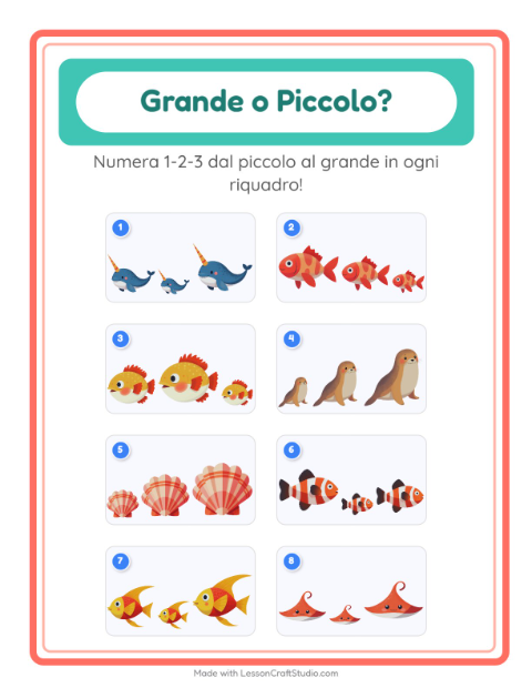 Anteprima della scheda di Grande O Piccolo con Vita oceanica per Scuola dell'infanzia (3-5 anni)