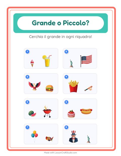 Anteprima della scheda di Grande O Piccolo con 4 luglio per Scuola dell'infanzia (3-5 anni)