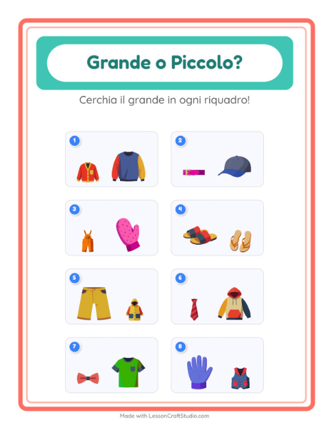Anteprima della scheda di Grande O Piccolo con Abbigliamento per Scuola dell'infanzia (3-5 anni)