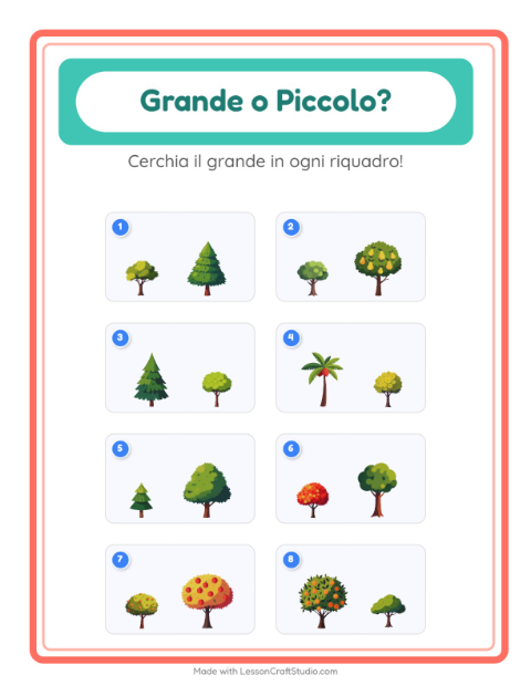 Anteprima della scheda di Grande O Piccolo con Alberi per Scuola dell'infanzia (3-5 anni)