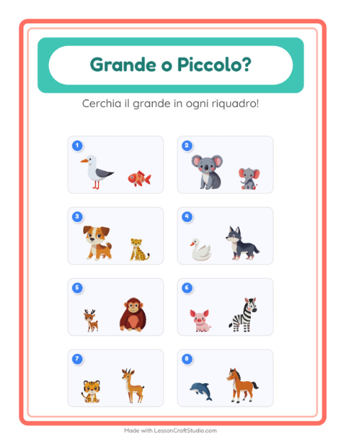 Anteprima della scheda di Grande O Piccolo con Animali per Scuola dell'infanzia (3-5 anni)