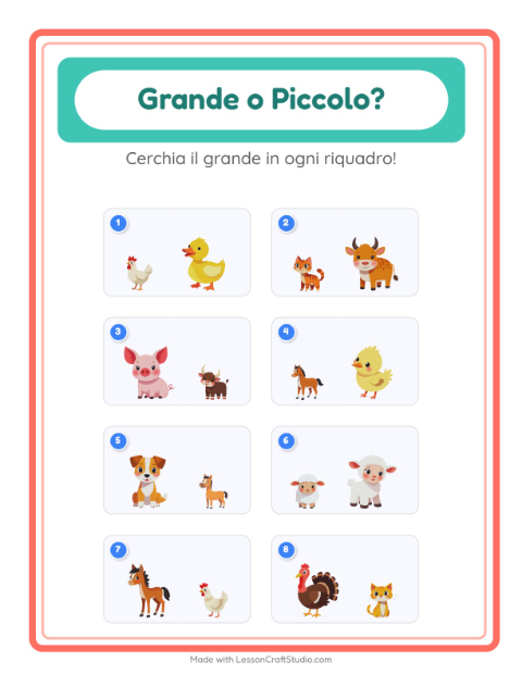 Anteprima della scheda di Grande O Piccolo con Animali della fattoria per Scuola dell'infanzia (3-5 anni)