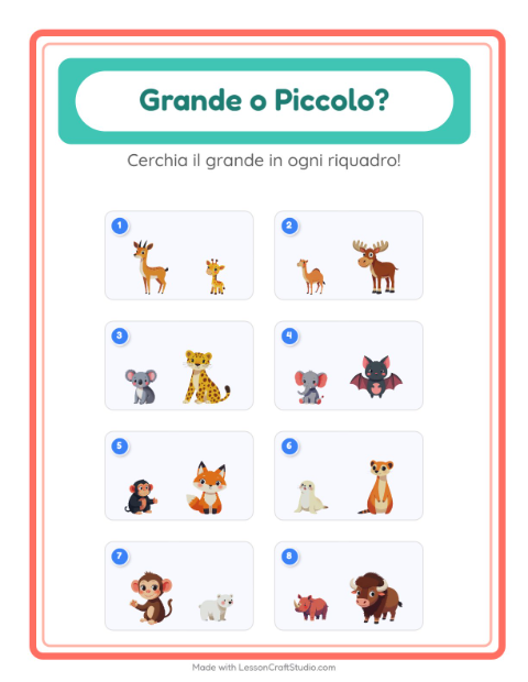 Anteprima della scheda di Grande O Piccolo con Animali dello zoo per Scuola dell'infanzia (3-5 anni)
