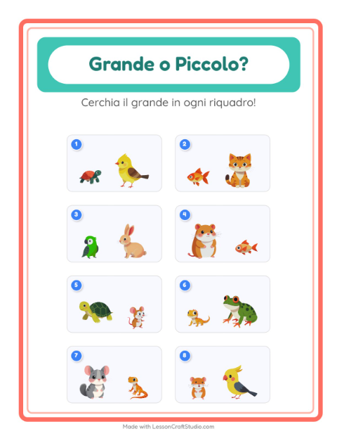Anteprima della scheda di Grande O Piccolo con Animali domestici per Scuola dell'infanzia (3-5 anni)