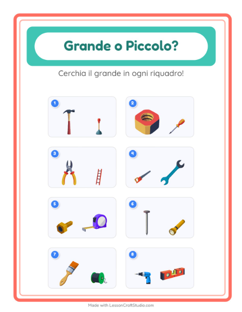 Anteprima della scheda di Grande O Piccolo con Attrezzi per Scuola dell'infanzia (3-5 anni)