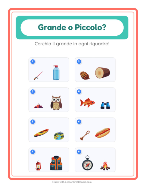 Anteprima della scheda di Grande O Piccolo con Campeggio per Scuola dell'infanzia (3-5 anni)