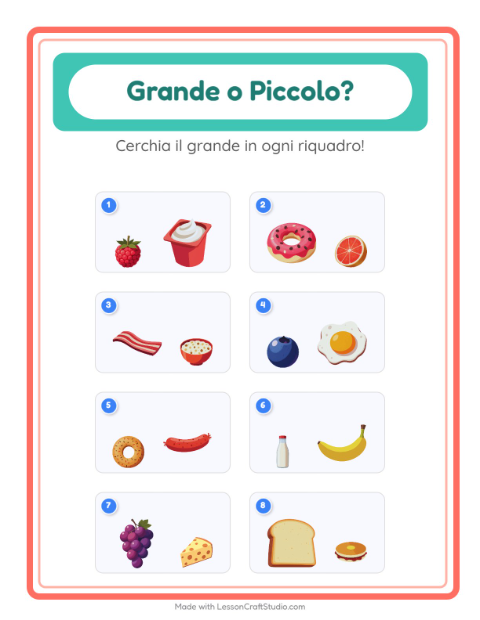 Anteprima della scheda di Grande O Piccolo con Colazione per Scuola dell'infanzia (3-5 anni)