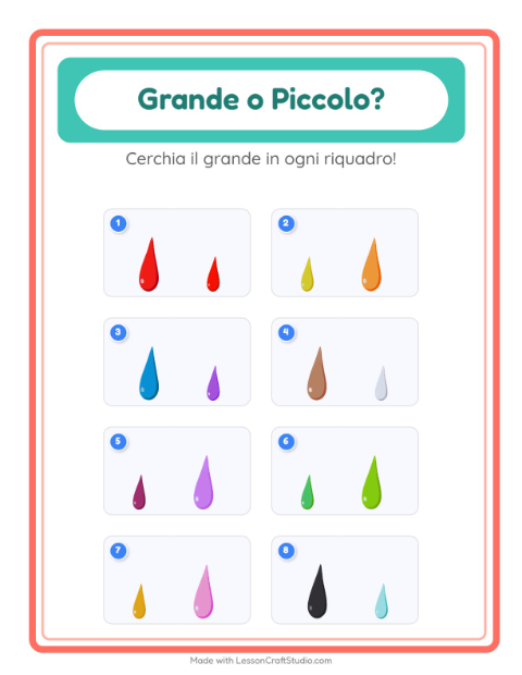 Anteprima della scheda di Grande O Piccolo con Colori per Scuola dell'infanzia (3-5 anni)