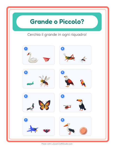 Anteprima della scheda di Grande O Piccolo con Cose che volano per Scuola dell'infanzia (3-5 anni)