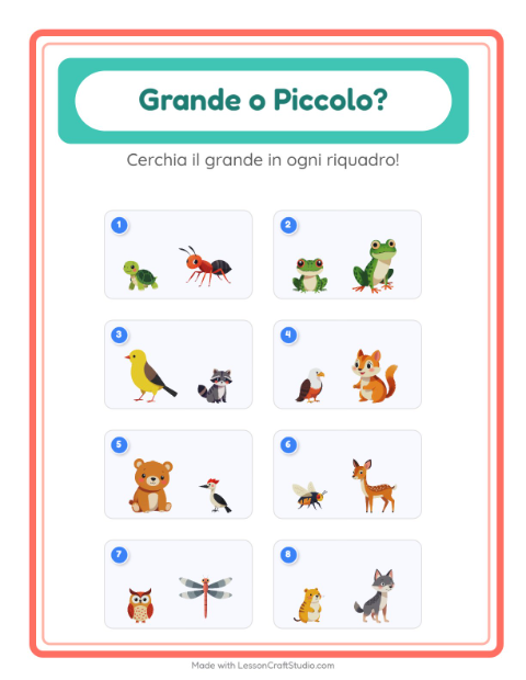 Anteprima della scheda di Grande O Piccolo con Creature della foresta per Scuola dell'infanzia (3-5 anni)