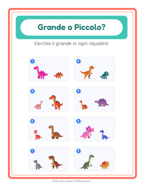 Anteprima della scheda di Grande O Piccolo con Dinosauri per Scuola dell'infanzia (3-5 anni)