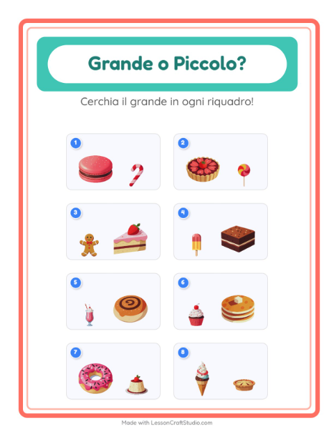 Anteprima della scheda di Grande O Piccolo con Dolci e dolciumi per Scuola dell'infanzia (3-5 anni)