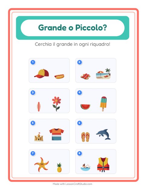 Anteprima della scheda di Grande O Piccolo con Estate per Scuola dell'infanzia (3-5 anni)